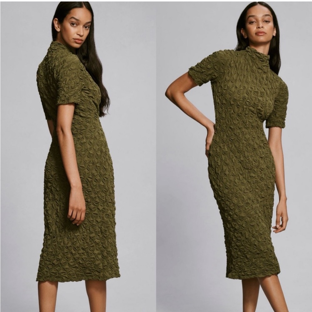 Anthropologie Olive Green Textured Midi Dress